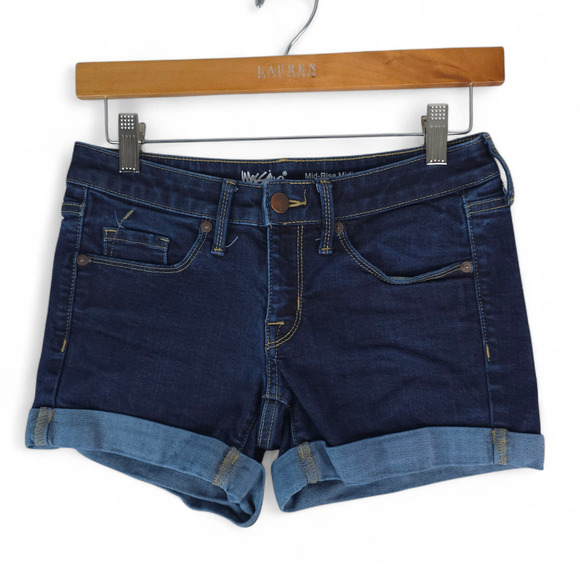 Mossimo Demin Shorts Womens 0 25W Mid Rise Midi Super Stretch Rolled Cuff Booty - Picture 1 of 7